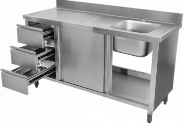 Kaubanduslik roostevabast terasest valamu kapp 1400x600x900mm 1 kauss paremal 3 sahtlit pritsmekaitsega | Adexa DSA601402D3DR